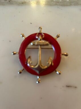 Nautical Anchor Wheel Brooch - Red and Gold, 2” D.